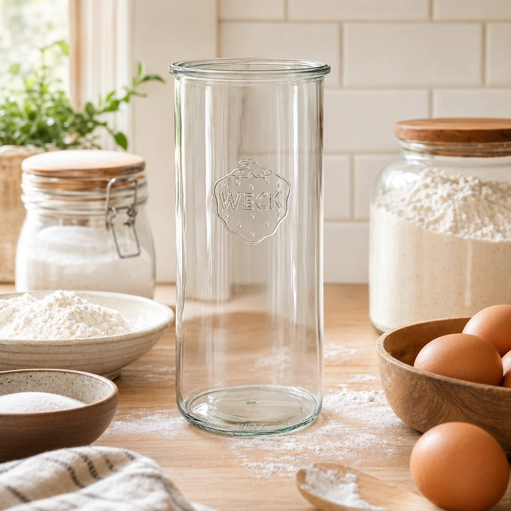 1500 ml WECK RR100-glas med skrå kant 1500 ml WECK RR100 glasopbevaringskrukke i et rustikt køkken med æg og mel på en træbordplade