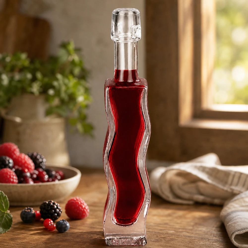 40 ml glasflaske Fila uden hængelåg UNiTWIST® 40 ml glasflaske Anna fyldt med rød bærsaft Bærfrugtdekoration Køkkenlandskab Eksempel på anvendelse Likør