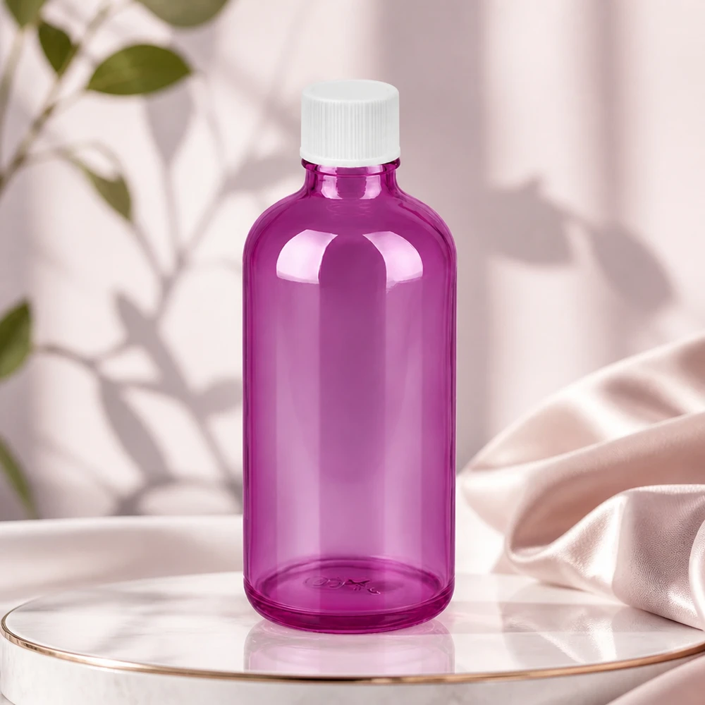 100 ml flaske 11 mm skruelåg hvid standard PurpleLine UT18/100 Elegant lilla glasflaske 100 ml med hvidt skruelåg til kosmetiske produkter af høj kvalitet