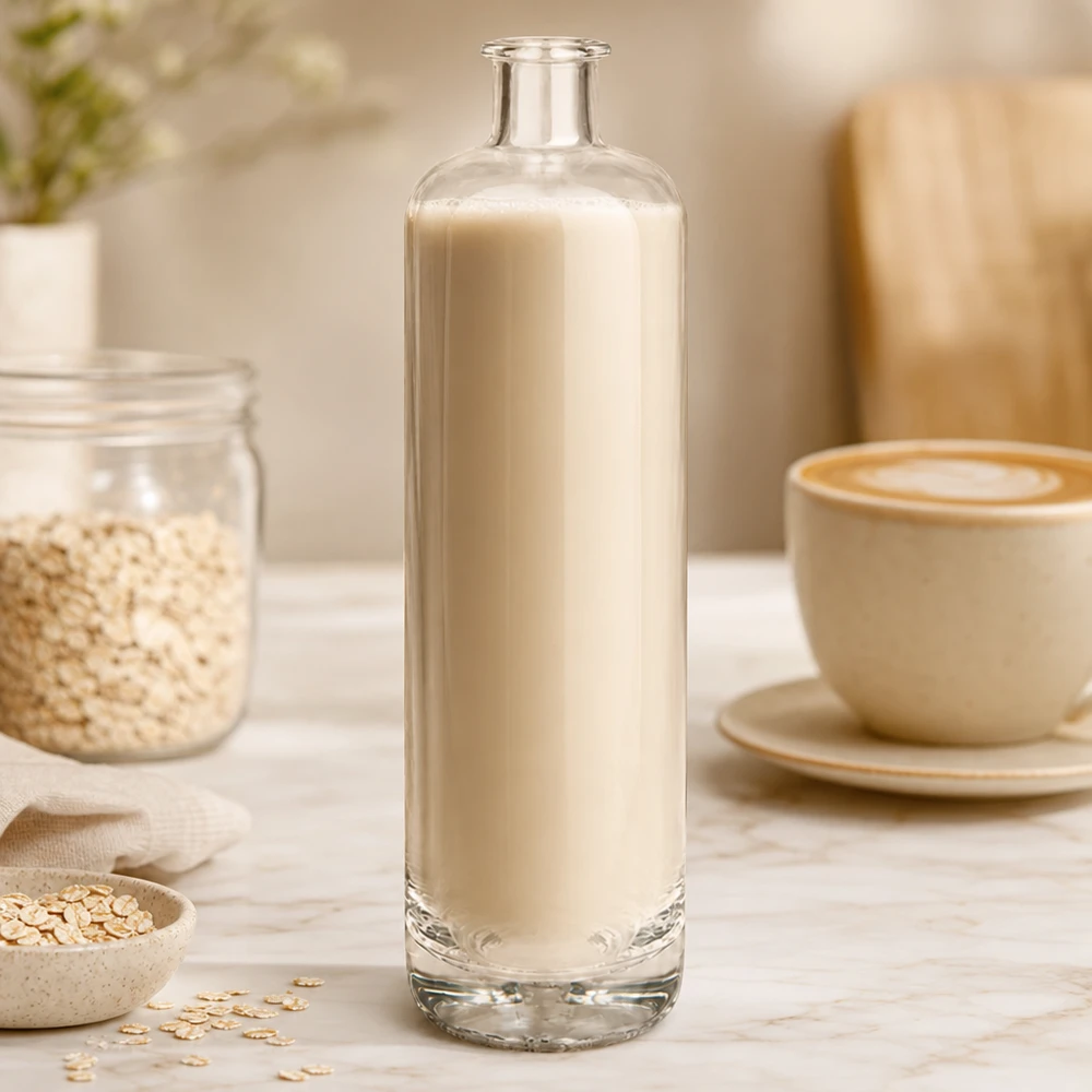 700 ml glasflaske »Ella« uden lukning UNiTWIST® 700 ml glasflaske med Ella fyldt med cremet havremælk ved siden af havreflager og kaffekop i en naturlig køkkenscene