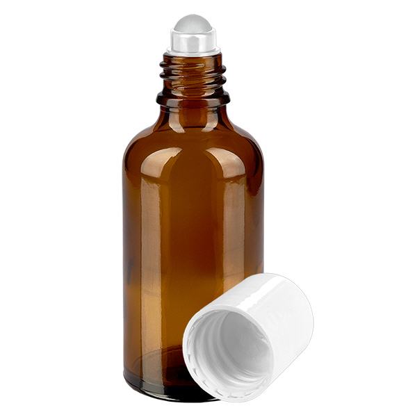Apoteksflaske brun 50 ml roll-on hætte hvid Apoteksflaske brun 50 ml roll-on hætte hvid