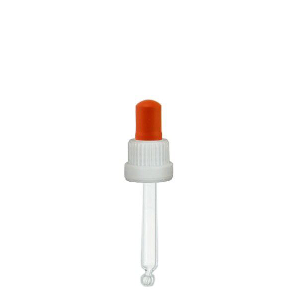 Pipettehætte hvid/rød DIN18, 66 mm pipettelængde med tamper-evident ring. Alkoholtæt. Til ApoGlas® 20ml Brown(+++) & 20ml Mironglas(+++) med 18mm gevind.