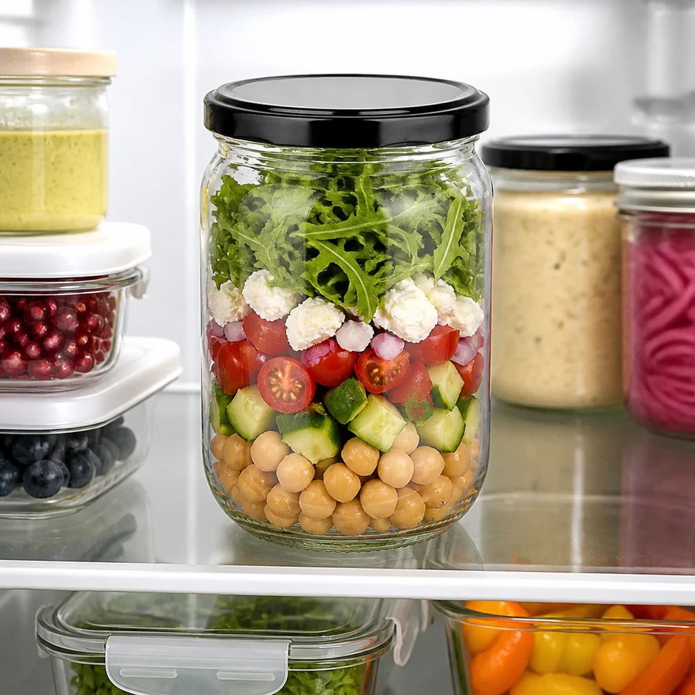 555 ml rundt glas + BasicSeal-låg, sort, UNiTWIST 555 ml rundt glas med sort BasicSeal-låg, fyldt med lagdelt salat, i køleskabet