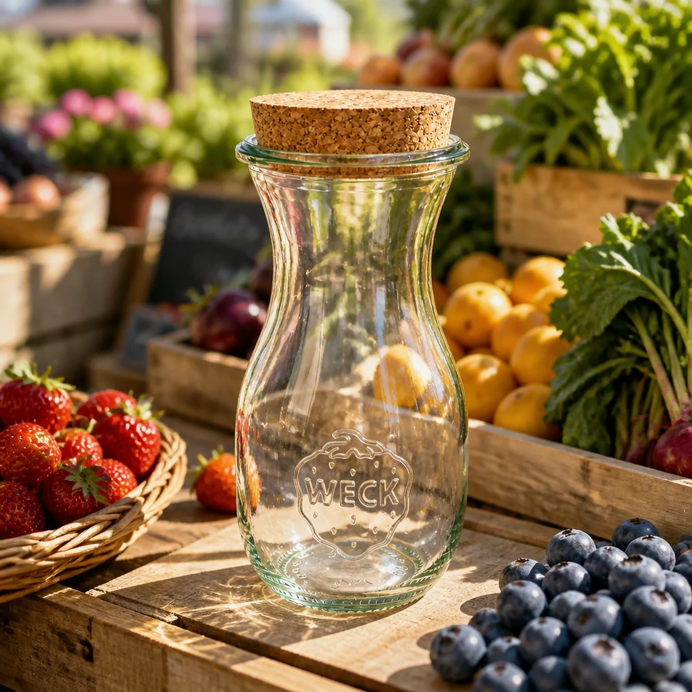 290 ml juiceflaske WECK RR60 med kork natur WECK juiceflaske 290 ml RR60 med naturkork på træbord mellem markedsbod med friske blåbær og jordbær