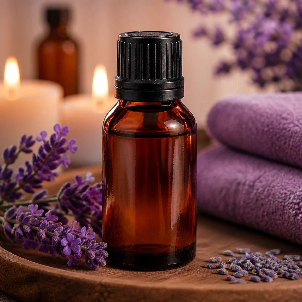 Apoteksflaske brun 15ml dryp v. Pr. 1mm sort OV Brun glasflaske på 15 ml med dråbeforsegling i sort, omgivet af lavendelblomster på et træfad