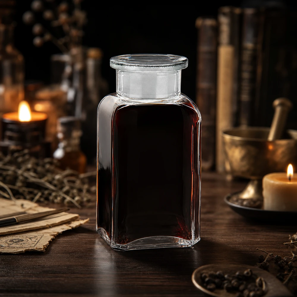 Firkantet flaske 100 ml klar glasprop med bred hals Firkantet flaske, 100 ml, gennemsigtig, fyldt med mørkt ekstrakt, med urter og gamle bøger i forgrunden