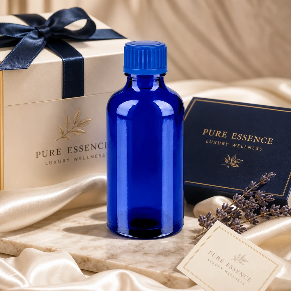 Premium 50 ml glasflaske i koboltblå med UT18/50-gevind til professionelle anvendelser