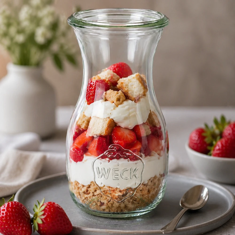 290 ml saftflaske WECK RR60 WECK juiceflaske 290 ml RR60 som dessertglas fyldt med jordbær, fløde og kiks dekoreret på en grå tallerken