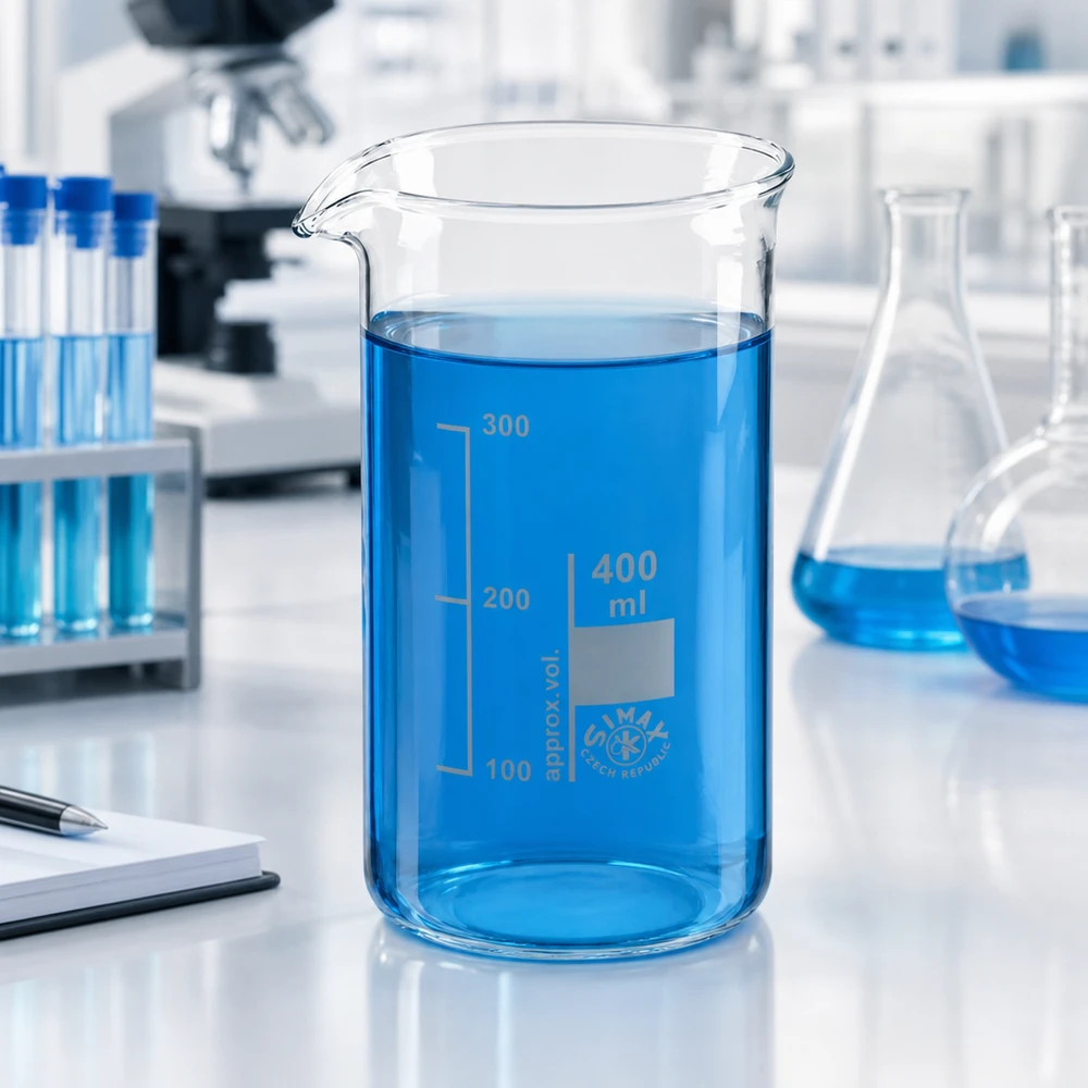 Bægerglas 400 ml borosilikatglas, høj form Laboratoriefoto af et 400 ml bægerglas i høj form med blå væske på et hvidt laboratoriebord