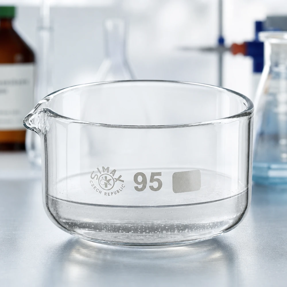 Krystalliseringsskål 300 ml med borosilikat-tud Tom, gennemsigtig krystalliseringsskål, 300 ml, borosilikatglas, udløb ø 95 mm, laboratorieudstyr, SIMAX, Tjekkiet