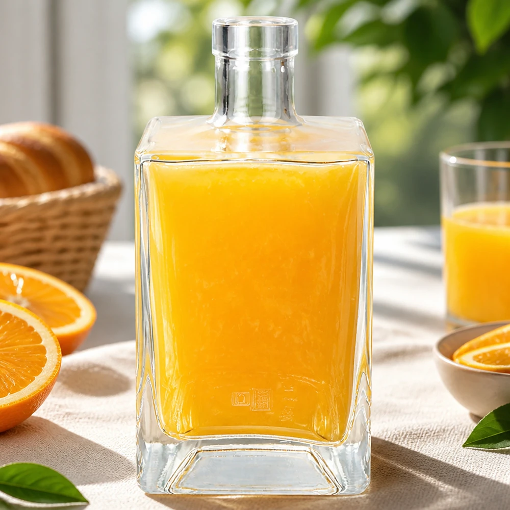 700 ml glasflaske »Ben« uden lukning UNiTWIST® 700 ml glasflaske Ben fyldt med appelsinjuice på et morgenbord dækket med friske appelsiner og kager