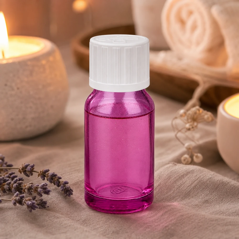 10 ml flaske 11 mm skruelåg hvid standard børnesikret PurpleLine UT18/10 Elegant 10 ml flaske i en klar lilla farve med hvid hætte til professionel kosmetik