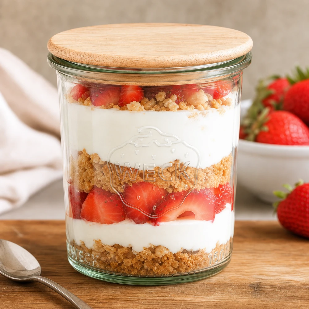 160 ml Briller WECK RR60 med trælåg WECK krukke 160ml RR60 med bambuslåg fyldt med jordbærdessert Lagdelt dessert i syltetøjskrukke Køkkenbord