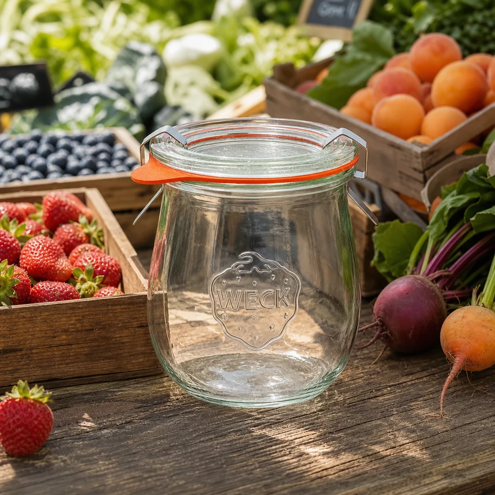 220 ml tulipankrukke komplet WECK RR60 WECK tulipankrukke 220 ml RR60 tom på træbord omgivet af frisk frugt og grøntsager fra markedet syltekrukkesæt