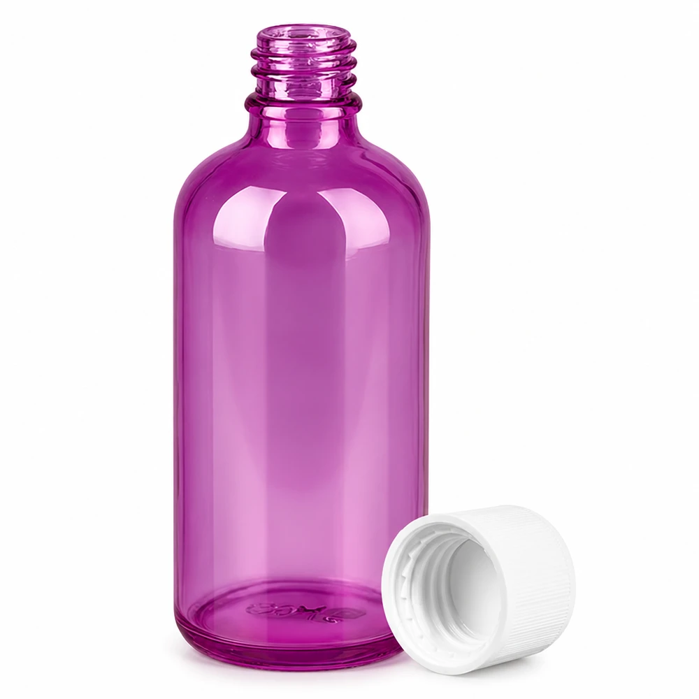 100 ml flaske 11 mm skruelåg hvid standard børnesikret PurpleLine. UT18/100 Lilla plastflaske 100 ml med UT18-gevind og hvid hætte til flydende produkter