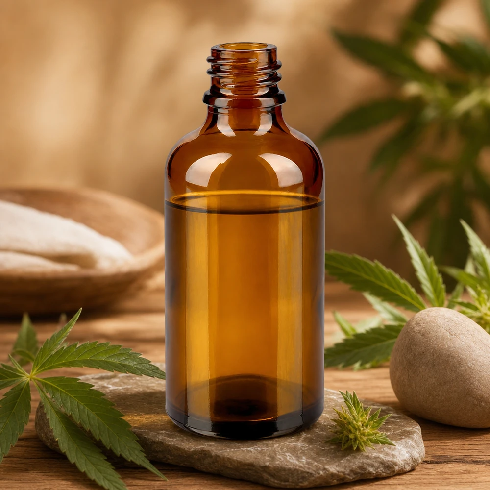 Dropperflaske 50 ml DIN 18 lavet af ravfarvet glas 50 ml brun ApoGlas-apoteksflaske på stenplade med cannabisblade og naturprodukter Spa-atmosfære