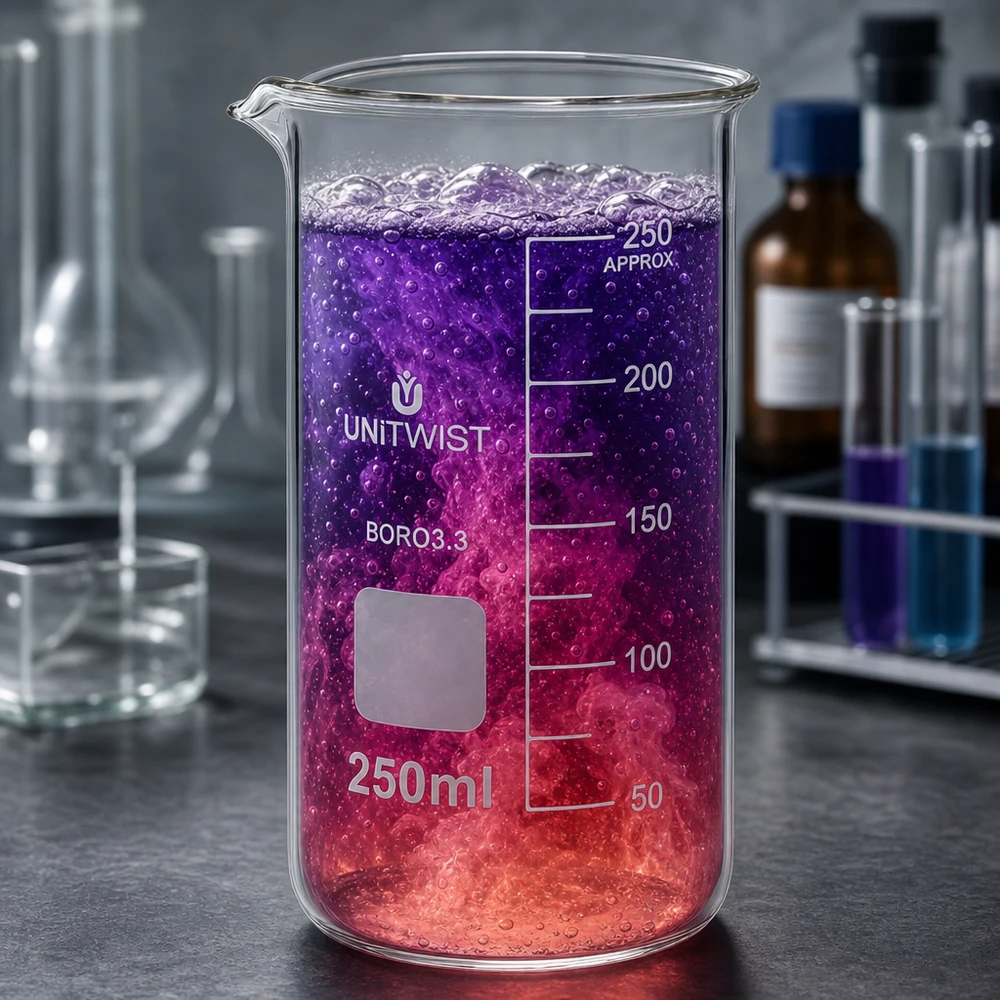 Bæger 250 ml borosilikat, høj form UNITWIST UNITWIST bægerglas, 250 ml, høj model, med violet-rød reaktionsvæske og bobledannelse