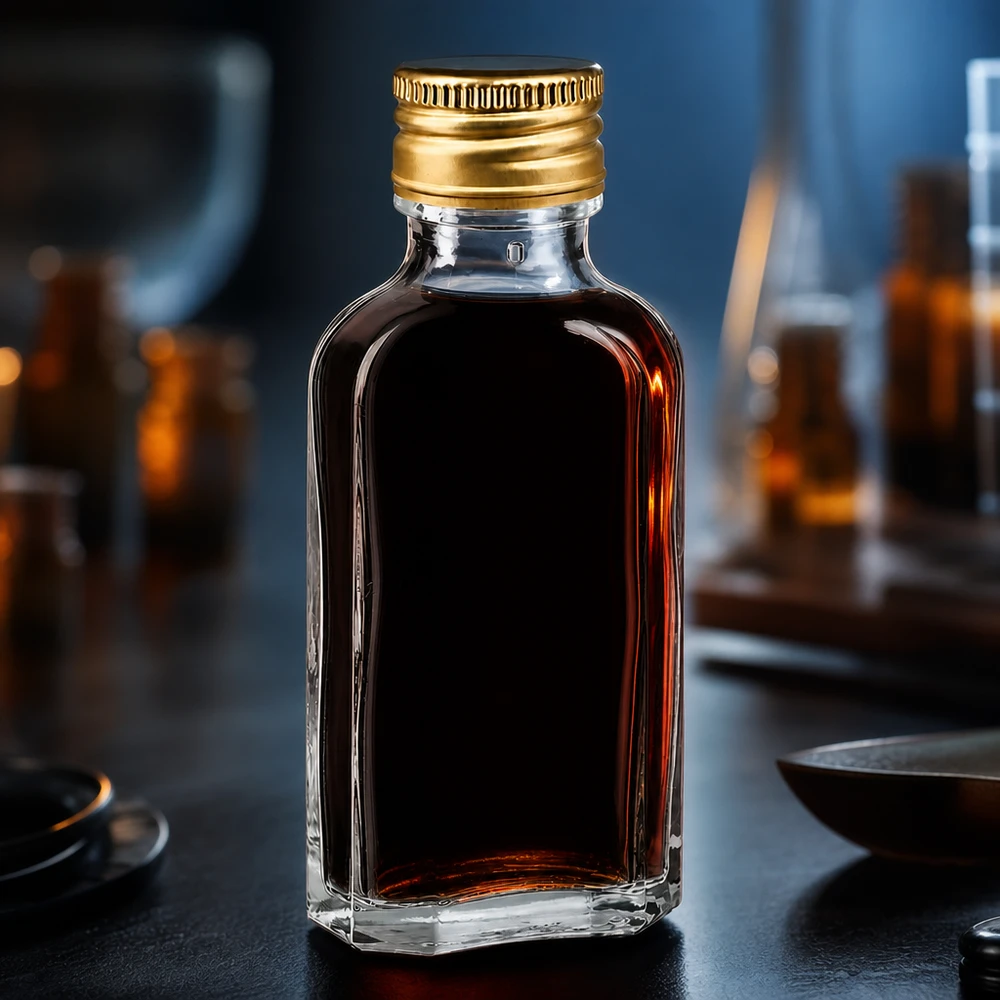 Miniatureflaske på 50 ml af klart glas med mørkebrunt indhold og gylden skruelåg af aluminium, PP22