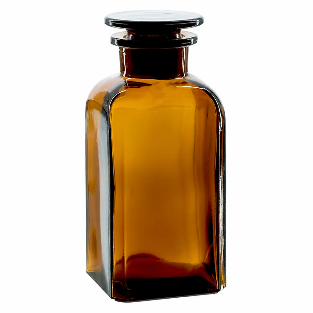 Firkantet flaske 350 ml brun glasprop med bred hals Firkantet flaske, 350 ml, brun, med glasprop, fremstillet af borosilikatglas af høj kvalitet til laboratorier og apoteker