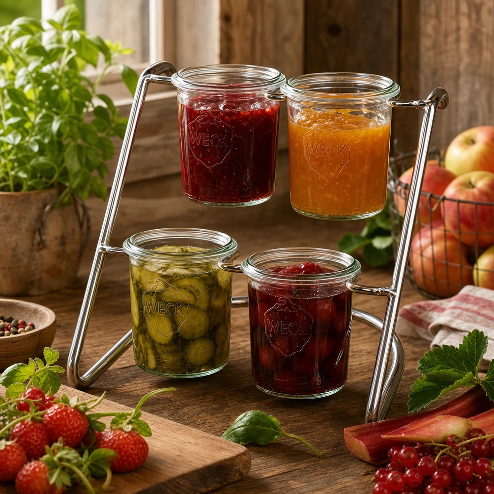 Serverstativ Flato4 til 4 WECK-glas Flato4 serveringsstativ med fyldte WECK-krukker - syltetøj og pickles serveres stilfuldt i en holder af kromstål