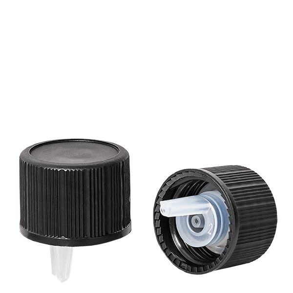 Dråbehætte 1 mm sort (DIN18, UT18) standard. Lodret dråbetæller. Til ApoGlas®, UNiTWIST® & Miron® Apofl. 5-100 ml med 18 mm gevind.