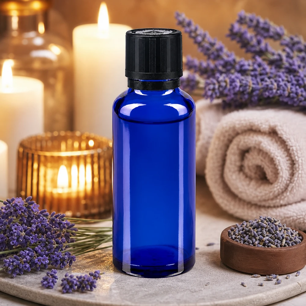 Apotfl. blå 30ml dryp v. Pr. 1mm s. KiSi Bliw OV Blå 30 ml glasflaske med dråbetæller i spa-stemning med lavendelblomster og stearinlys