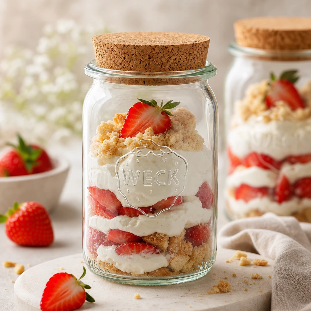 145 ml cylinderglas WECK RR40 med kork natur WECK syltetøjsglas 145 ml med korklåg kan bruges som dessertglas med jordbærtærte lagdelt dessert tiramisu i et glas