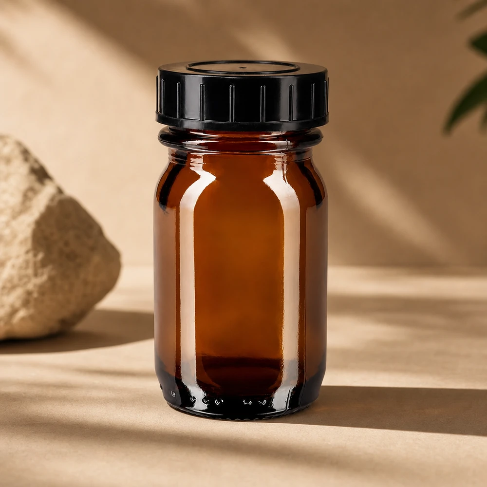 30 ml flaske med bred hals i ravfarvet glas med skruelåg Lille ravfarvet glasflaske 30 ml med bred åbning for nem påfyldning og tømning