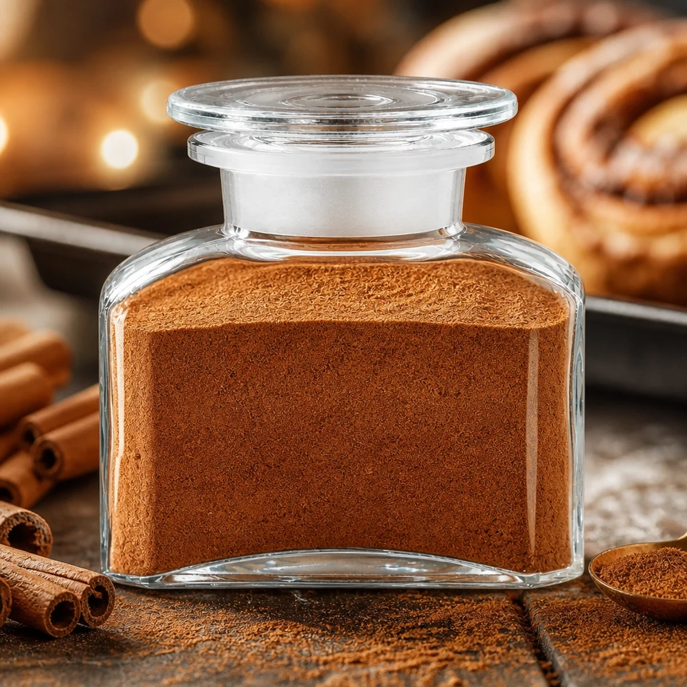 Idé til krydderiglas: Firkantet apotekerflaske 150 ml med bred hals Gennemsigtig firkantet apotekerflaske på 150 ml fyldt med kanelpulver ved siden af kanelstænger på et træbord