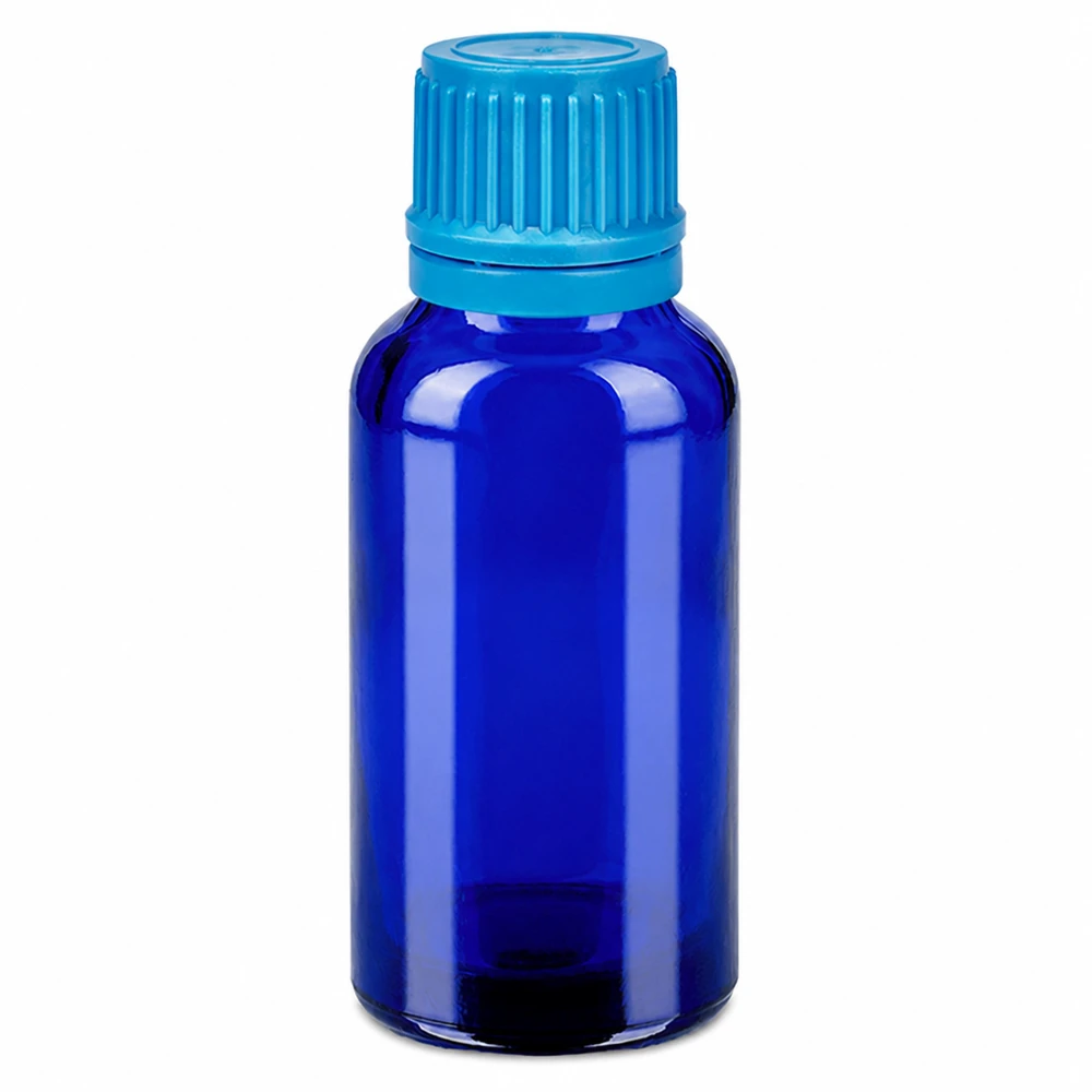 30 ml flaske 11 mm SV blå OV BlueLine UT18/30 Blå glasflaske 30 ml med lyseblå skruelåg til æteriske olier og kosmetik