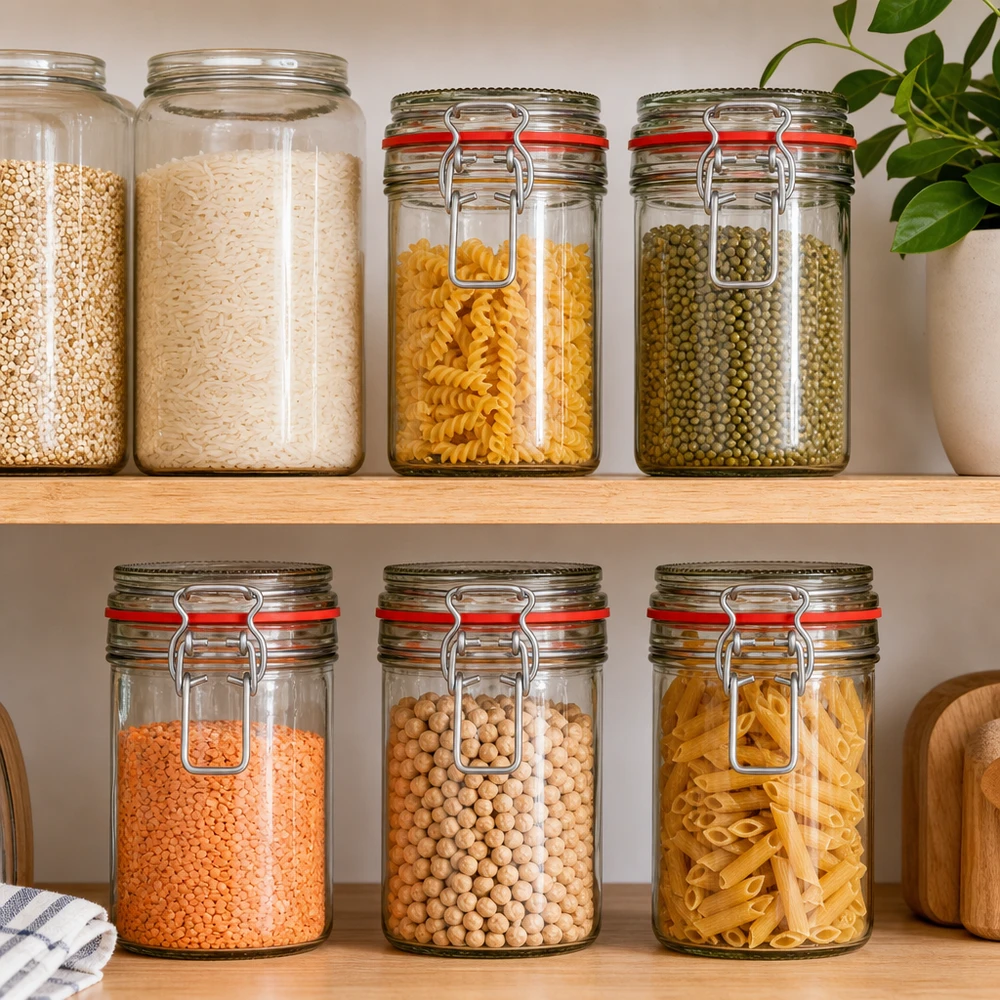 272 ml opbevaringsglas, type G, med bøjlelåg UN.. Opbevaringsglas med svingtop fyldt med pasta ris linser kikærter organiseret køkkenopbevaring spisekammer