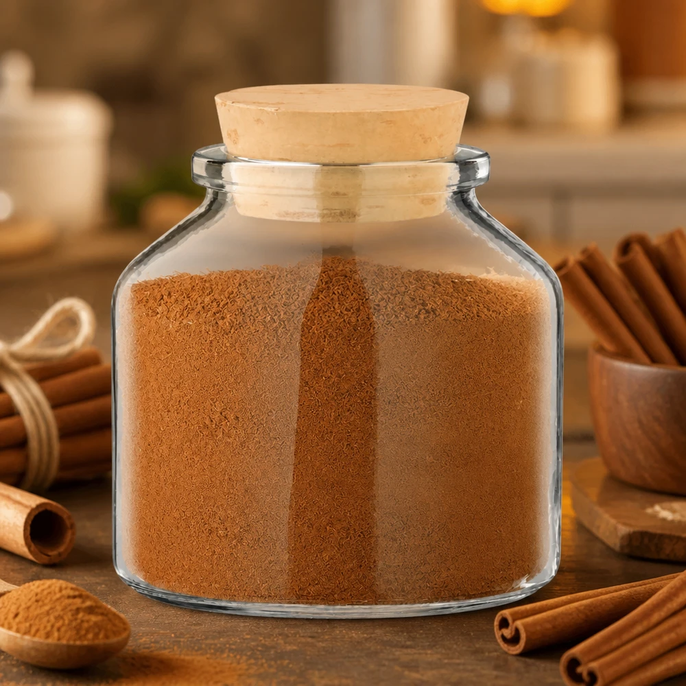 Idé til krydderikrukke: Rund 100 ml klar inkl. kork 22/26 Krydderiglas Round 100 ml med korklåg, fyldt med kanelpulver og omgivet af kanelstænger