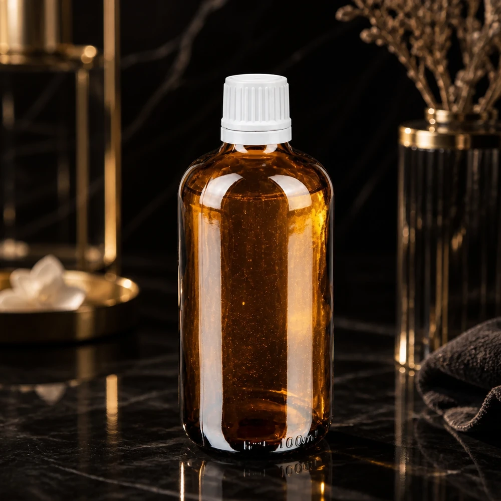 Brun 100 ml dråbeflaske med hvid originalprop, elegant præsenteret på sort marmor
