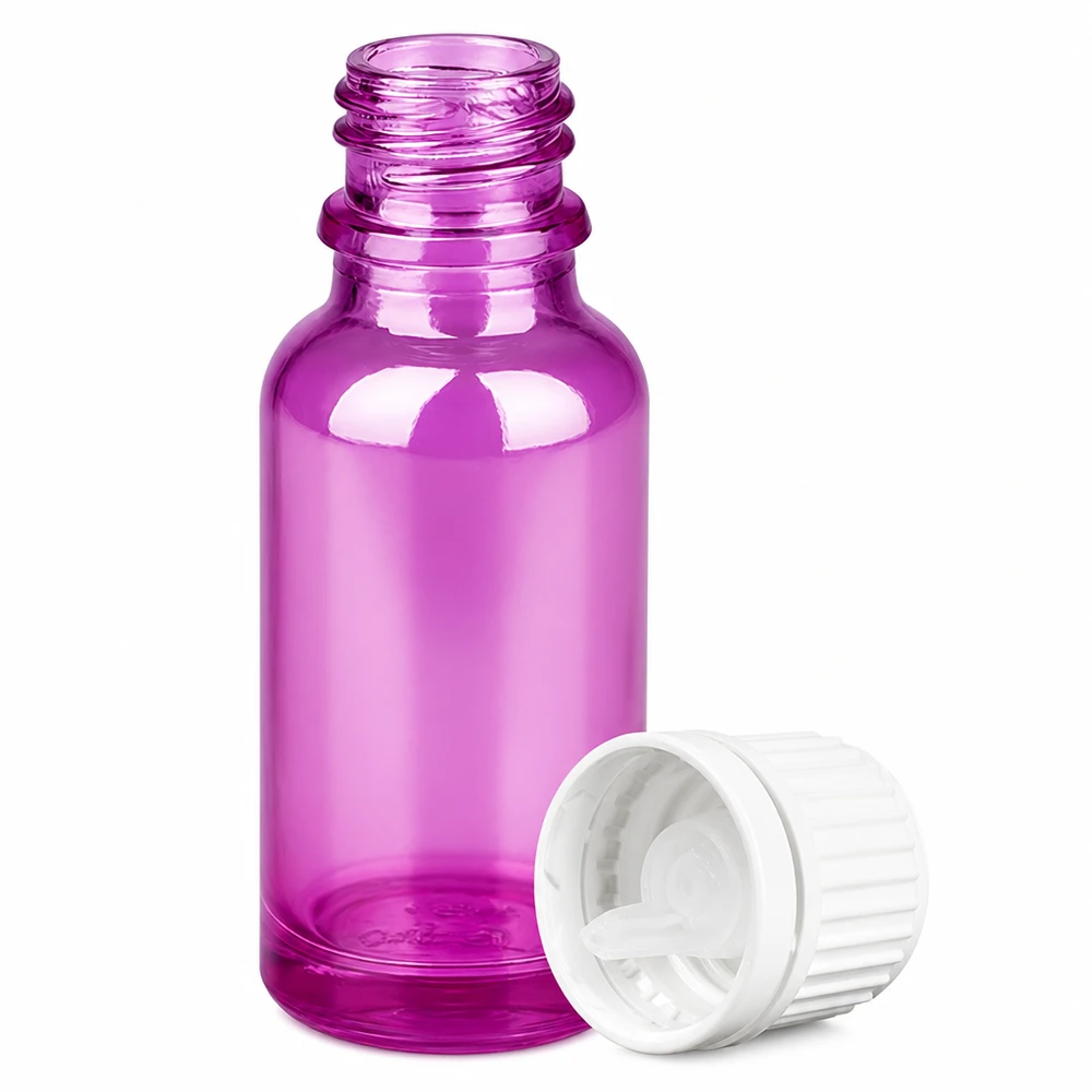 20 ml dråbeflaske 0,7 mm hvid Originality skruelåg PurpleLine UT18/20 20 ml violet glasflaske med hvid dråbehætte til æteriske olier og serummer