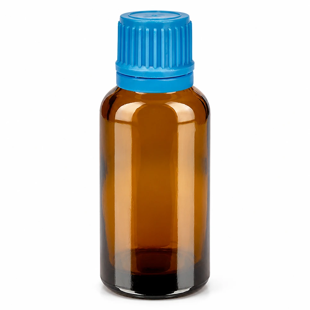 30 ml flaske 11 mm SV blå OV BrownLine UT18/30 30 ml ravfarvet glasflaske med blåt skruelåg til æteriske olier og medicin