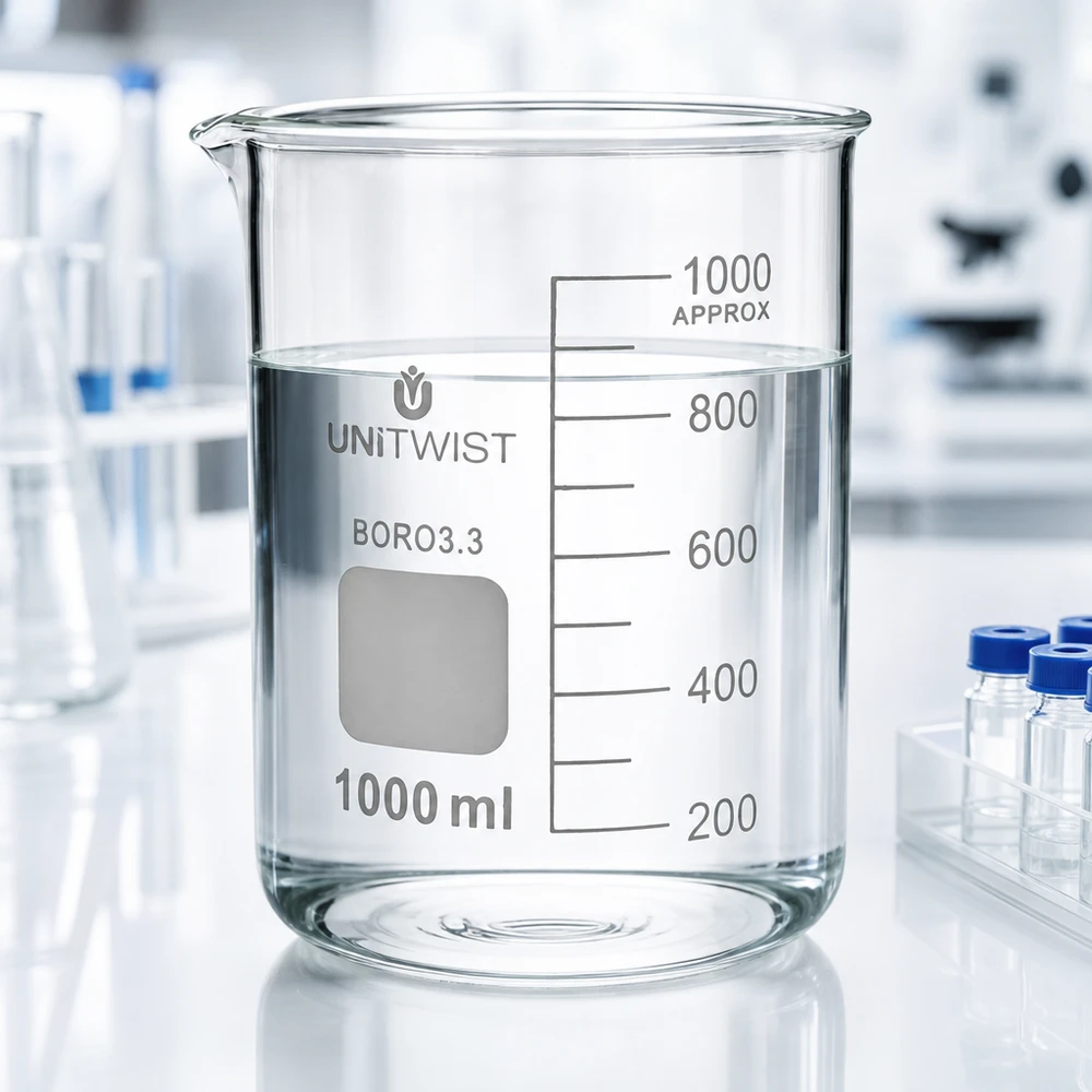 Bæger 1000 ml borosilikat, lav form UNiTWIST UNiTWIST bægerglas 1000 ml, borosilikat 3.3, lav form, fyldt med vand på laboratoriebordet