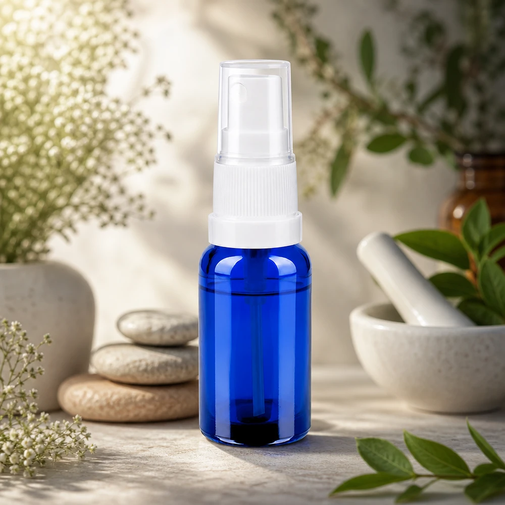 20 ml sprayflaske hvid/tr. STD BlueLine UT18/20 Praktisk 20 ml glassprayflaske i blå med ergonomisk, hvid sprayholder til at tage med på farten