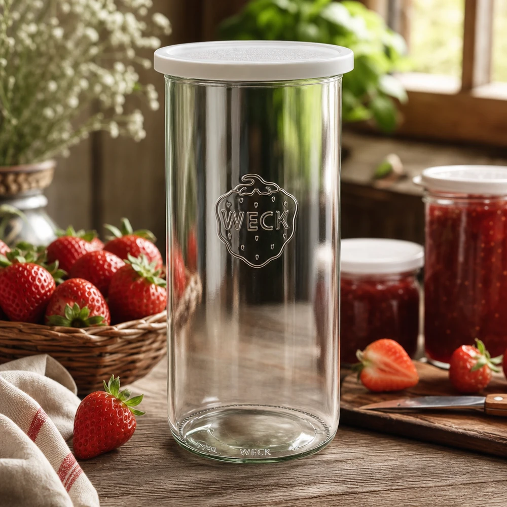 1500 ml Briller med friskhedslåg WECK RR100 WECK opbevaringskrukke 1500 ml RR100 i et rustikt køkken med jordbær og syltetøjsglas som livsstilsbillede
