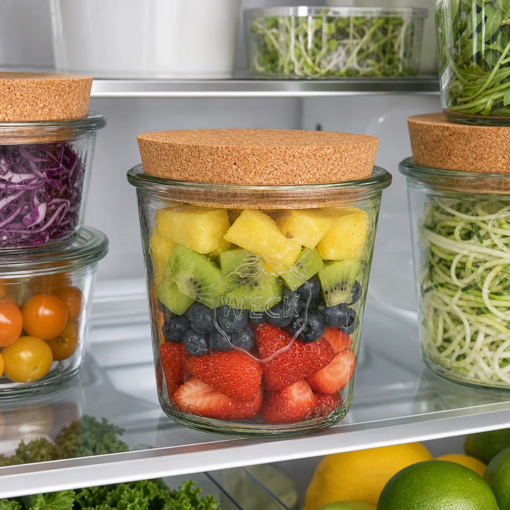 290 ml høje Briller WECK RR80 med kork natur WECK-bægre 290 ml RR80 med korklåg til opbevaring af frisk frugt i køleskabet Meal Prep