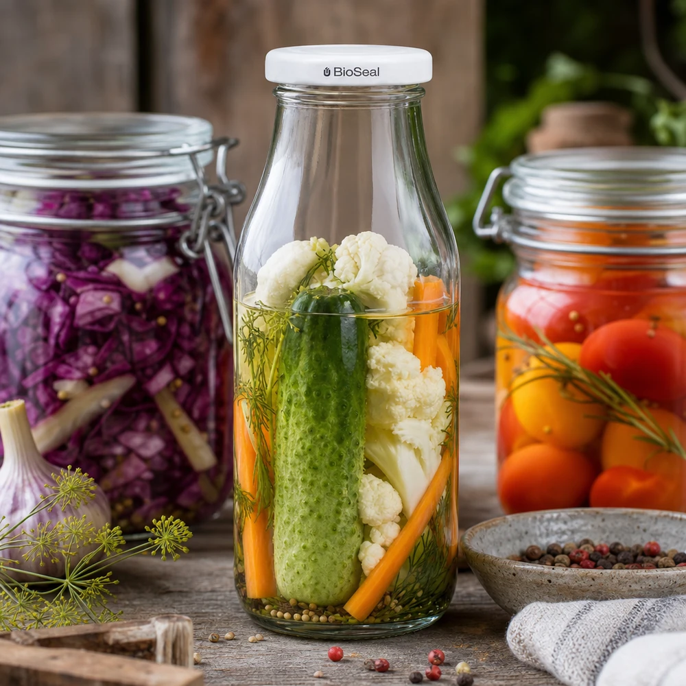 UNiTWIST Bottle263 med hvidt låg TO43 BioSeal UNiTWIST Bottle263 med hvidt TO43 BioSeal-låg fyldt med syltede grøntsager ved siden af syltetøjsglas på et træbord