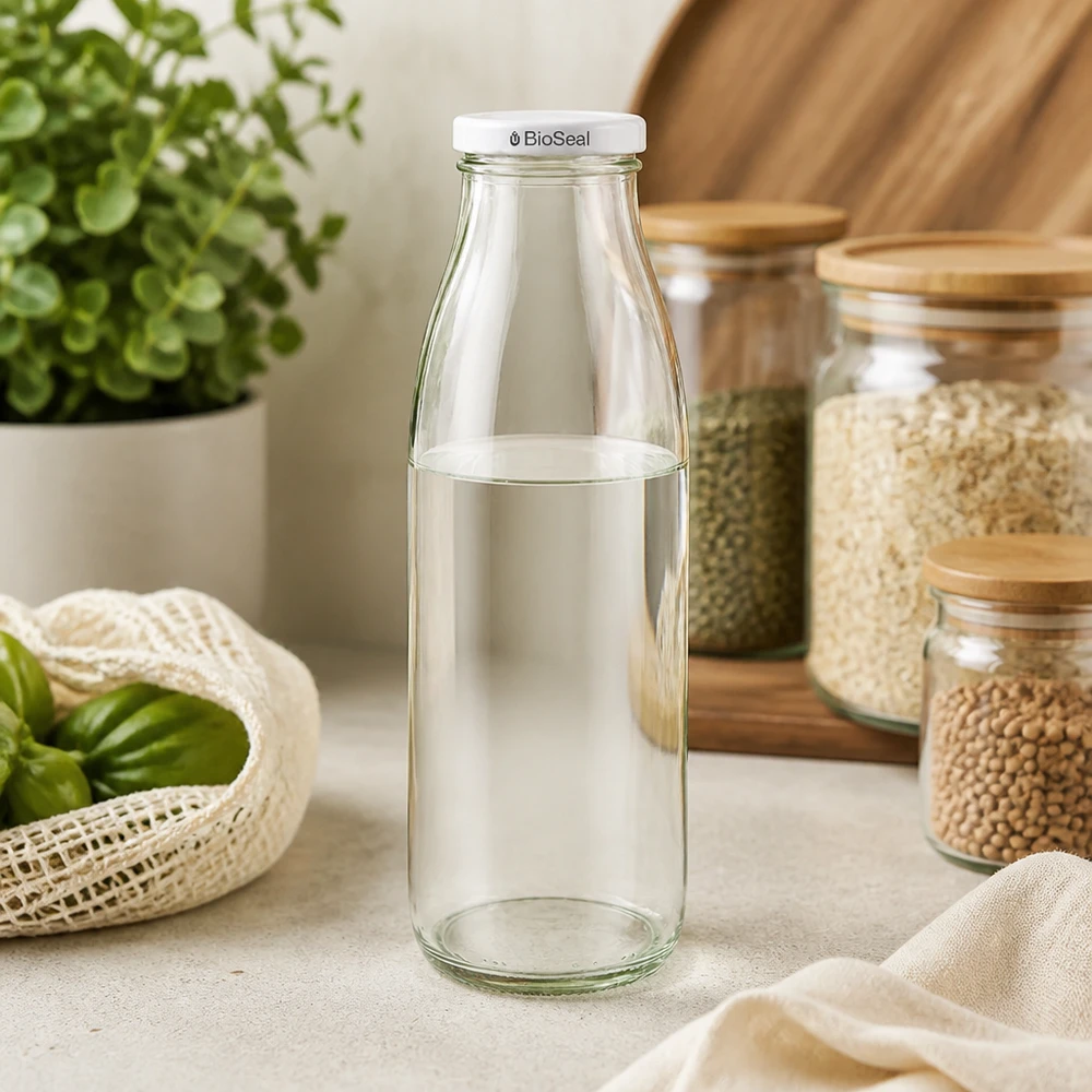 500 ml glasflaske + BioSeal-låg hvid UNiTWIST. Absolut lækagesikker med stort TO48-låg. Til mælk, juice og limonade. 500ml Glasflasche leer mit weißem BioSeal Deckel in nachhaltiger Küche zwischen Vorratsgläsern und Bio-Gemüse