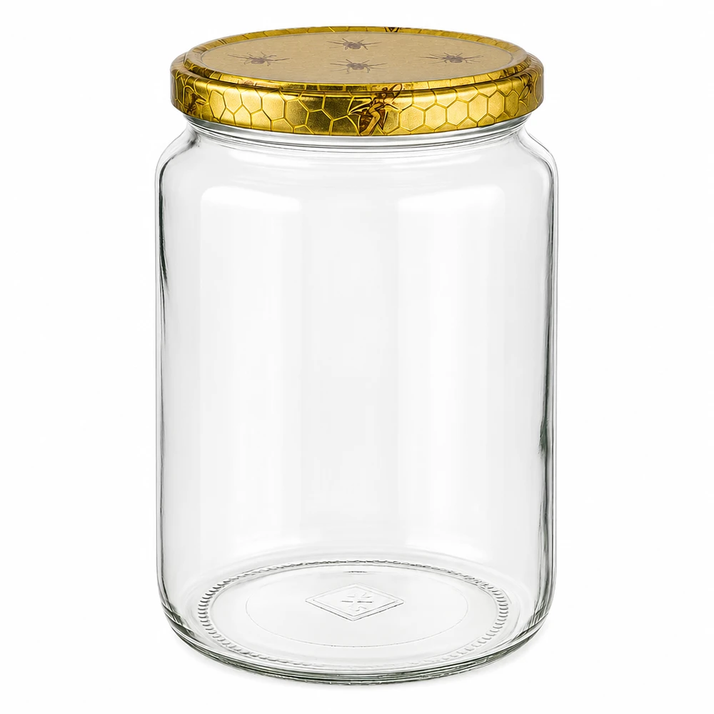 1000 g honningglas med låg med honningkagemønster BasicSeal UNiTWIST Leeres 1000g Honigglas aus Glas mit goldenem Bienenwaben-Deckel und Bienen-Motiv für Honig Imkerei Vorratsglas