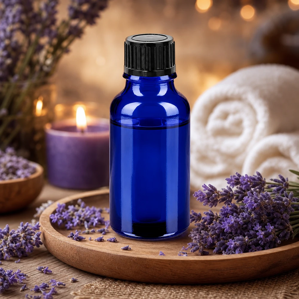 20 ml BlueLine-glasflaske UT18/20 Standard med sort hætte til aromaterapi og wellness