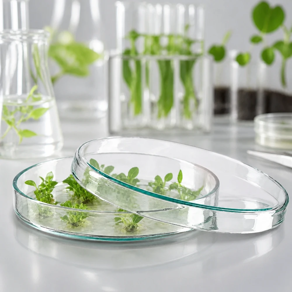 Petriskål, 100 x 10 mm, af glas, med grønne plantekim til botanisk vævskultur