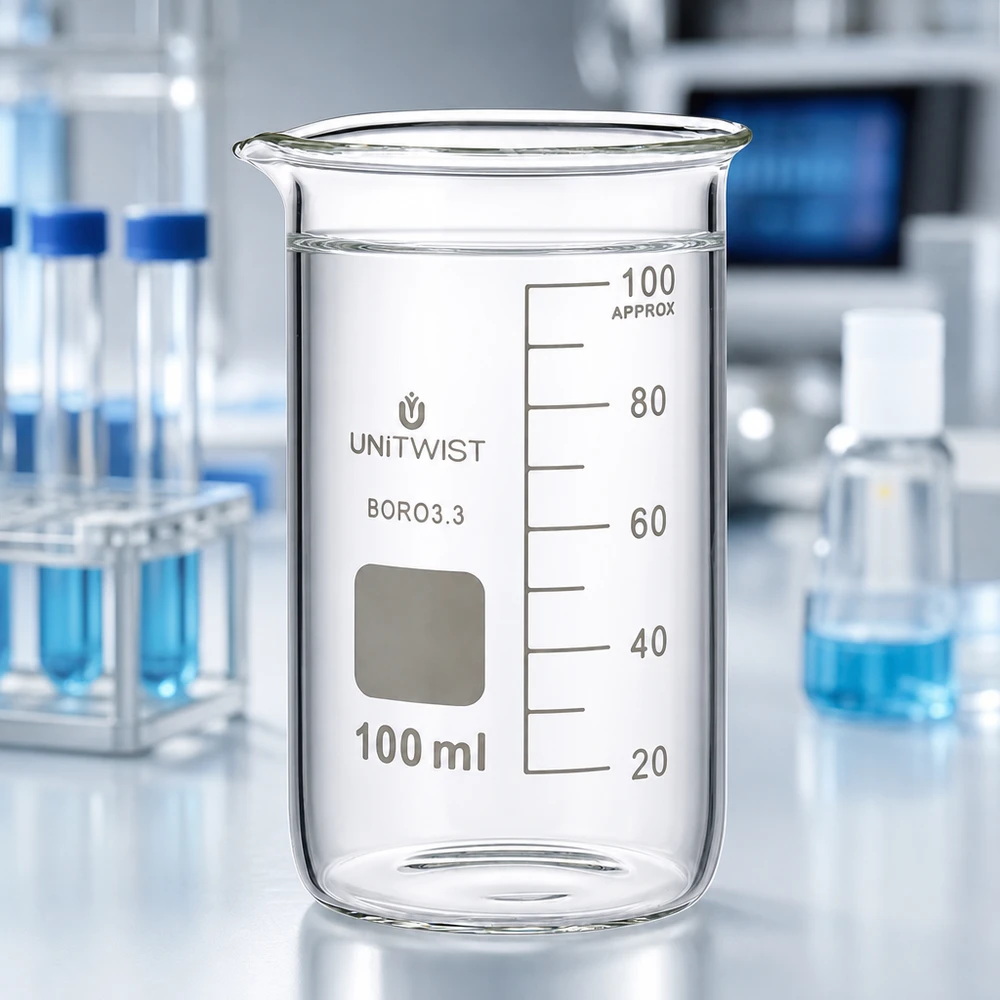 Bæger 100 ml borosilikat, høj form UNITWIST Tomt bægerglas, 100 ml, høj model, borosilikat 3.3 UNITWIST med plads til mærkning på et hvidt laboratoriebord