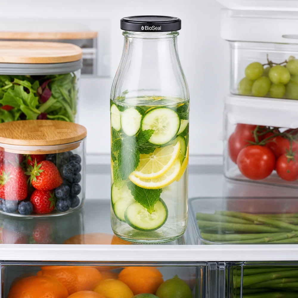 500 ml glasflaske + BioSeal-låg sort UNiTWIST. Absolut lækagesikker med stort TO48-låg. Til mælk, juice og limonade. 500 ml glasflaske med vand tilsat agurk og citron i køleskabet ved siden af friske fødevarer i opbevaringsbeholdere