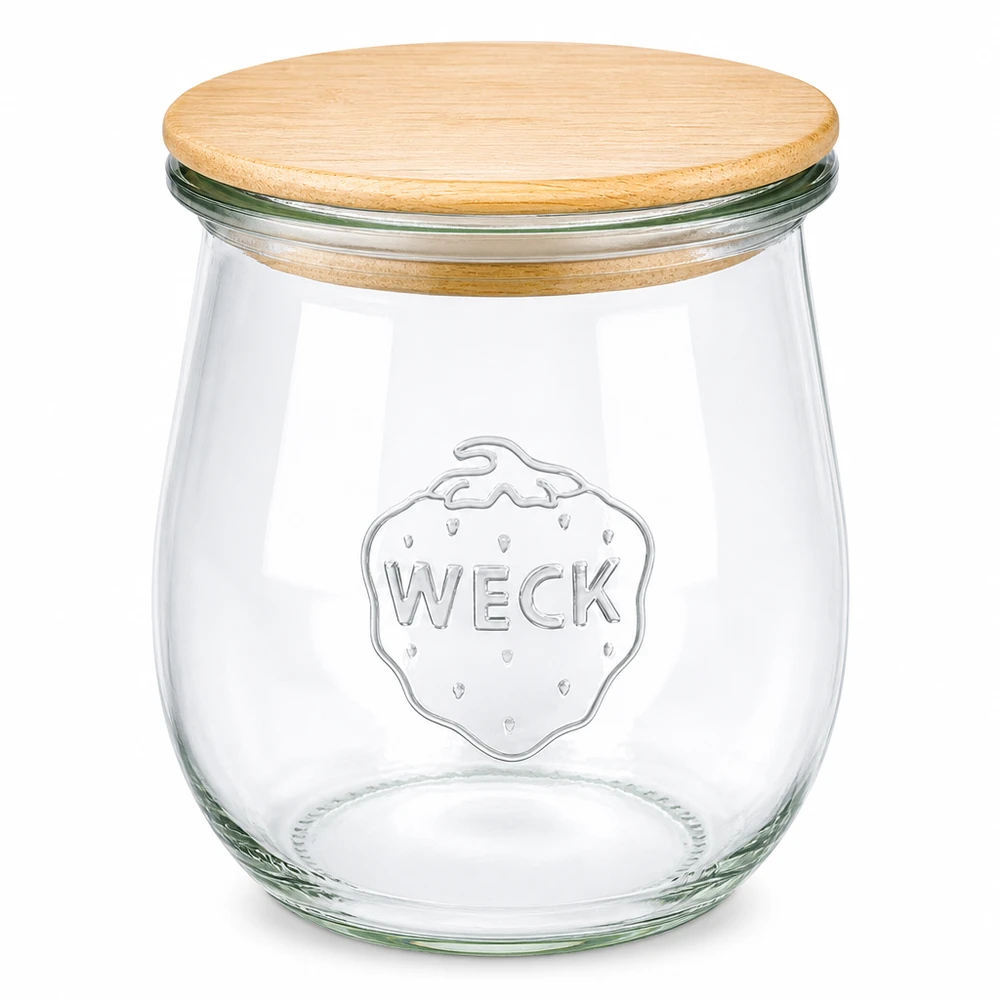 220 ml tulipankrukke WECK RR60 med trælåg WECK tulipankrukke 220 ml RR60 med trælåg - konserveringskrukke i glas med bambuslåg til køkken og opbevaring