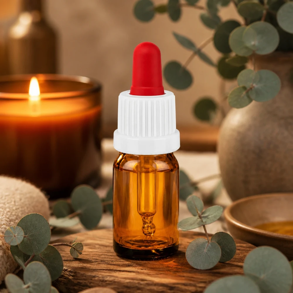 5 ml pipetteflaske hvid/rød OV BrownLine UT18/5 Lille 5 ml pipetteflaske i ravfarvet glas med hvid-rød hætte til æteriske olier