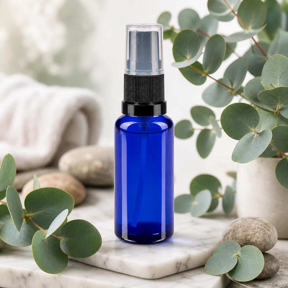Koboltblå 30 ml glassprayflaske med gennemsigtig beskyttelseskappe omgivet af eukalyptusgrene