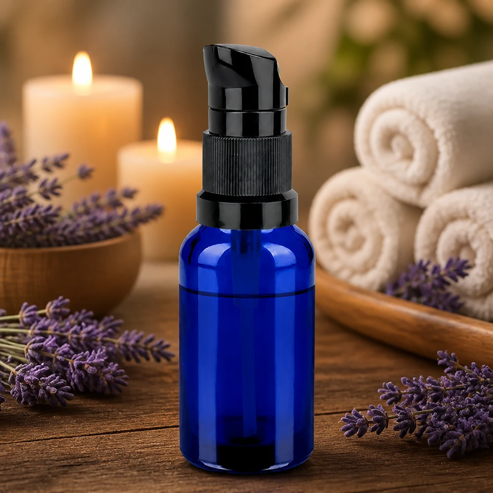 20 ml pumpeflaske sort STD BlueLine UT18/20 - ideel til serum og kosmetiske produkter
